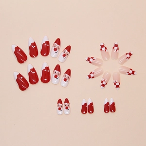 Christmas almond press-on nails featuring Santa patterns and red-white plaid designs