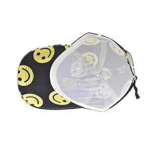 Detailed internal view of black smile baseball cap with 100% polyester wash label