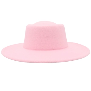 Detailed view of pink wool felt fedora with a wide brim and smooth fiber texture