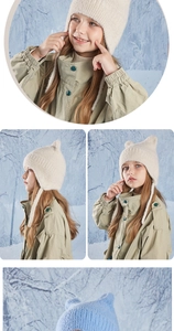Detailed knit texture and cat ear design on cozy winter hats for kids in multiple colors