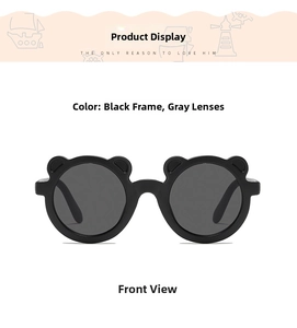 Front view of cute bear ear sunglasses for kids with black frames and gray lenses