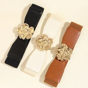 Ceintures larges élastiques noir crème et marron avec boucles fleurs dorées