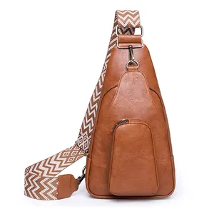 Vintage PU Leather Women Chest Bag Crossbody Sling Bag With Wide Woven Geometric Strap Leopard Cow Print Large Capacity