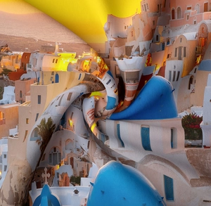 Close-up of Santorini tapestry showing digital print texture and soft fabric folds