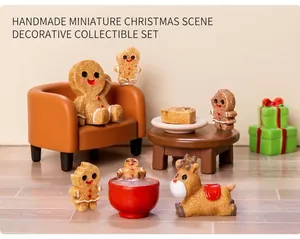 Miniature Christmas gingerbread man figurines and micro landscape holiday decor set