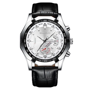 MREURIO men's chronograph watch with silver dial, calendar, and black leather strap