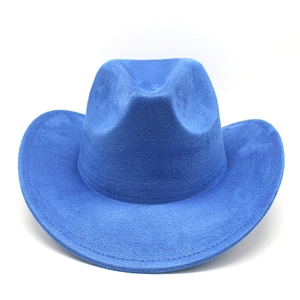 Macro shot of bright blue faux suede texture and stitching on the western cowboy hat