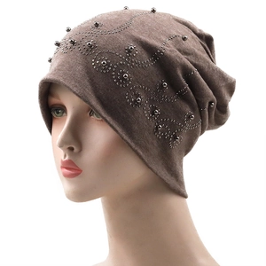 Brown cotton slouchy beanie for men and women with studded pearl rhinestone patterns