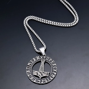 Nordic Viking Mjolnir pendant necklace in antique silver with runic circle and box chain