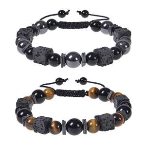 Natural Tiger Eye Stone Bracelet Men Black Obsidian Square Lava Rock Beads Adjustable Braided Rope Diffuser Jewelry