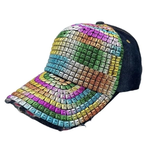 Berretto Da Baseball In Denim Donna Con Strass Quadrati Arcobaleno Cappello Da Sole Vintage