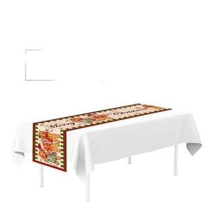 Christmas gingerbread man table runner with Merry Christmas print and festive candy patterns