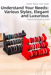 Detailed view of three-tier black and red velvet tiered bracelet and watch display stands