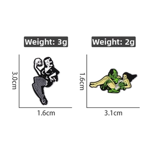 Detail view of retro horror enamel pins showing exact dimensions and product weight