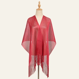Red knit bikini cover up with mesh texture and long fringe hem for women summer beachwear