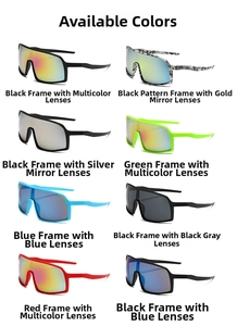 Multiple colorful sports cycling sunglasses with wide lenses and anti-slip temples
