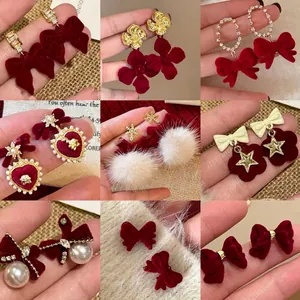 Bowknot Heart Flower Earrings With 925 Sterling Silver Earring Post Flocking Velvet Faux Artificial Pearl Rhinestone Retro Women