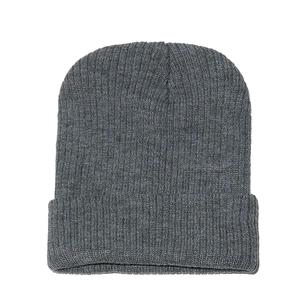 Detail of dark grey ribbed knit beanie showing textured weave and wide folded cuff