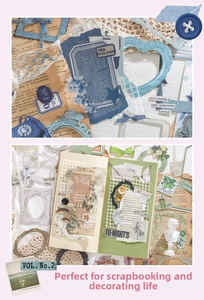 Dettaglio del set per scrapbooking vintage con bordi in pizzo e adesivi a cornice retrò