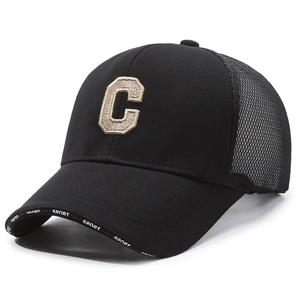 Black mesh baseball cap with gold letter C embroidery and white SPORT text on the brim