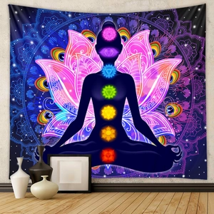 Tapisserie De Méditation Yoga Sept Chakra Mandala Fleur De Lotus Tenture Murale Polyester Zen Décoration Bohême
