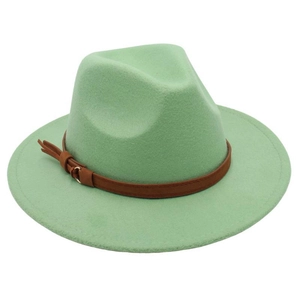 Detail of mint green wool fedora hat featuring a brown leather band and gold buckle