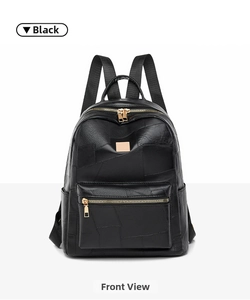 Front detail of black patchwork backpack featuring gold zippers and adjustable straps