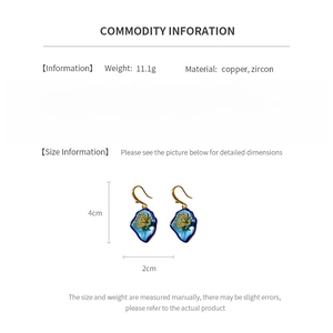 Detailed size and material info for vintage blue flower earrings with zircon and copper