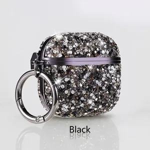 Luxury black sparkling rhinestone case for AirPods Pro 4 with metal carabiner clip