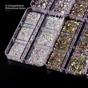 Mix of AB colorful rhinestones and white glass crystals in a 6-grid storage box