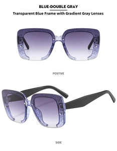 Detailansicht der randlosen Sonnenbrille mit transparent blauem Glitzerrahmen und Verlaufsgläsern