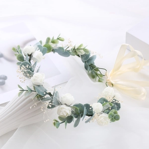 Floral crown with white roses, baby's breath, and adjustable ribbon for bridal hair accessory