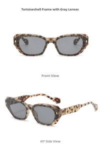 Detail view of tortoiseshell sunglasses with grey lenses in front and 45-degree angles