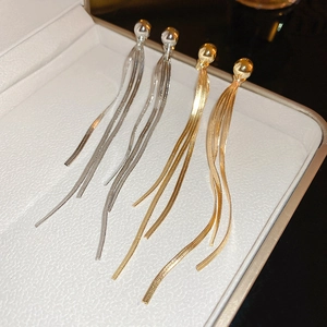 Minimalist long tassel earrings with metallic bead studs in gold and silver finish