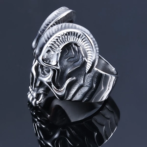 Polished stainless steel ram skull ring with gothic horn details for men