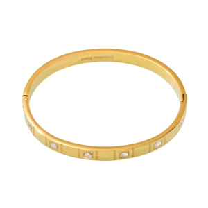 Polished 18K gold plated stainless steel bangle with inlaid sparkling white crystals