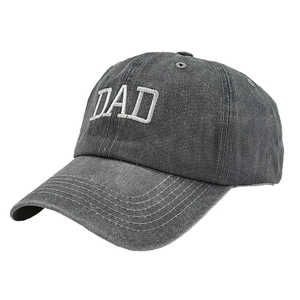 Detail of vintage washed cotton baseball cap with white DAD embroidery and curved brim