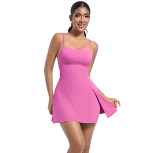 Detail view of pink sports tennis dress with square neckline and slim-fit silhouette