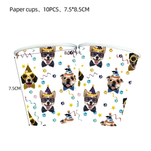 Set of 10 dog paw theme birthday party paper cups with cartoon puppy patterns and dimensions