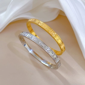 Minimalist titanium steel bangles with Roman numeral engravings in gold and silver finish