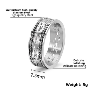 Detailed macro view showing the 7.5mm width and 5g weight of this titanium steel ring