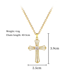 Detail view of a gold hollow cross necklace with dimensions and weight 4.6g specifications