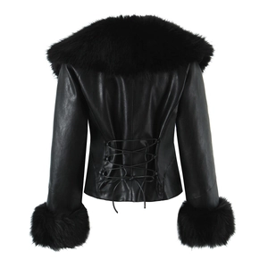 Women's black faux leather jacket with large faux fur collar and lace-up back detail