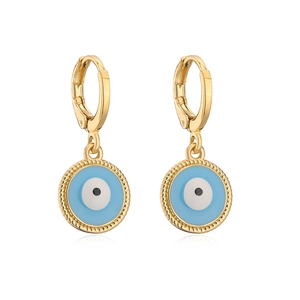 Detailed close-up of gold-plated evil eye earrings with blue enamel and zircon inlay