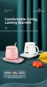 Detail of smart mug warmer with LED display showing 55°C temperature and ceramic mug