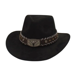 Classic black faux suede cowboy hat with brown leather band and silver bull head emblem
