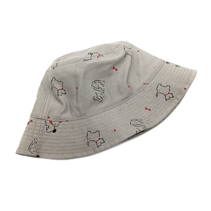 Close-up of gray bucket hat featuring hand-drawn puppy and red bone patterns