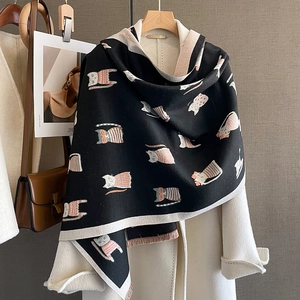 Cute Cartoon Cat Pattern Winter Scarf Shawl Imitation Cashmere Thick Warm Dual Use Tassel Fringe For Women