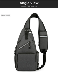Detailed front view of gray crossbody chest bag with multiple zipper pockets and wide strap