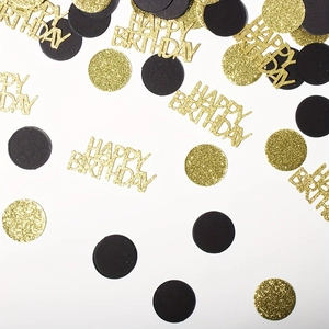100pcs black and gold glitter round confetti with Happy Birthday cutout table decorations